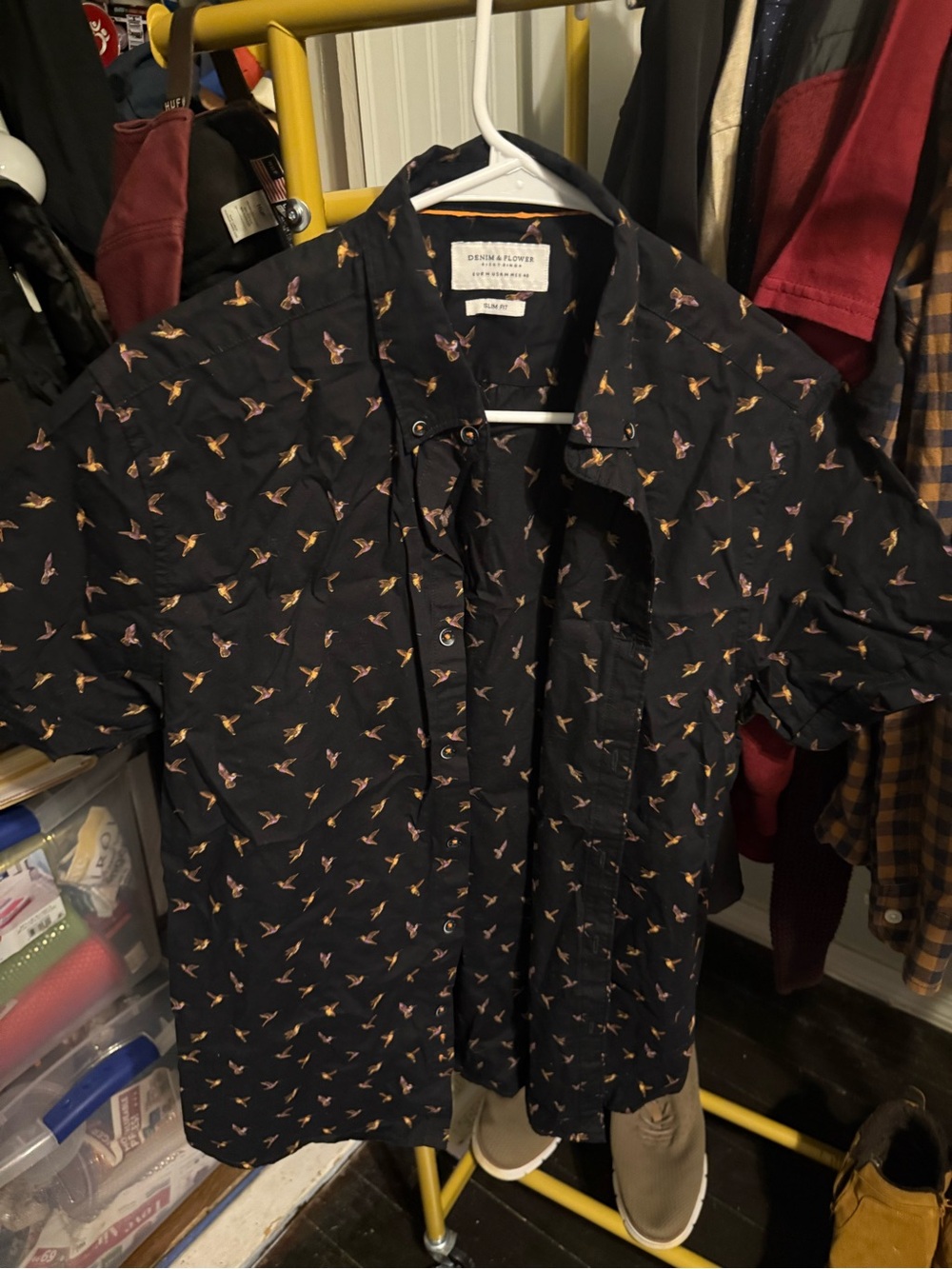 Denim & Flower Black Short-Sleeve Shirt Jacket with Small Bird Print